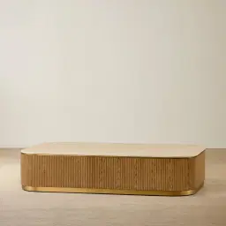 San Pierre Light Brown Ash Veneer Curved Rectangular Coffee Table with Travertine Finish Sintered Stone Top
