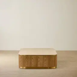 San Pierre Light Brown Ash Veneer Curved Rectangular Coffee Table with Travertine Finish Sintered Stone Top