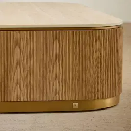 San Pierre Light Brown Ash Veneer Curved Rectangular Coffee Table with Travertine Finish Sintered Stone Top