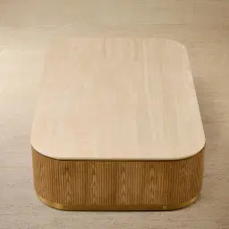 San Pierre Light Brown Ash Veneer Curved Rectangular Coffee Table with Travertine Finish Sintered Stone Top