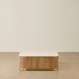 San Pierre Light Brown Ash Veneer Curved Rectangular Coffee Table with Travertine Finish Sintered Stone Top