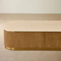 San Pierre Light Brown Ash Veneer Curved Rectangular Coffee Table with Travertine Finish Sintered Stone Top