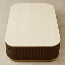 San Pierre Ebony Brown Ash Veneer Curved Rectangular Coffee Table with Cream Travertine Finish Sintered Stone Top