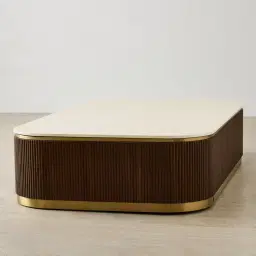 San Pierre Ebony Brown Ash Veneer Curved Rectangular Coffee Table with Cream Travertine Finish Sintered Stone Top