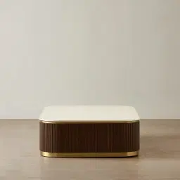 San Pierre Ebony Brown Ash Veneer Curved Rectangular Coffee Table with Cream Travertine Finish Sintered Stone Top