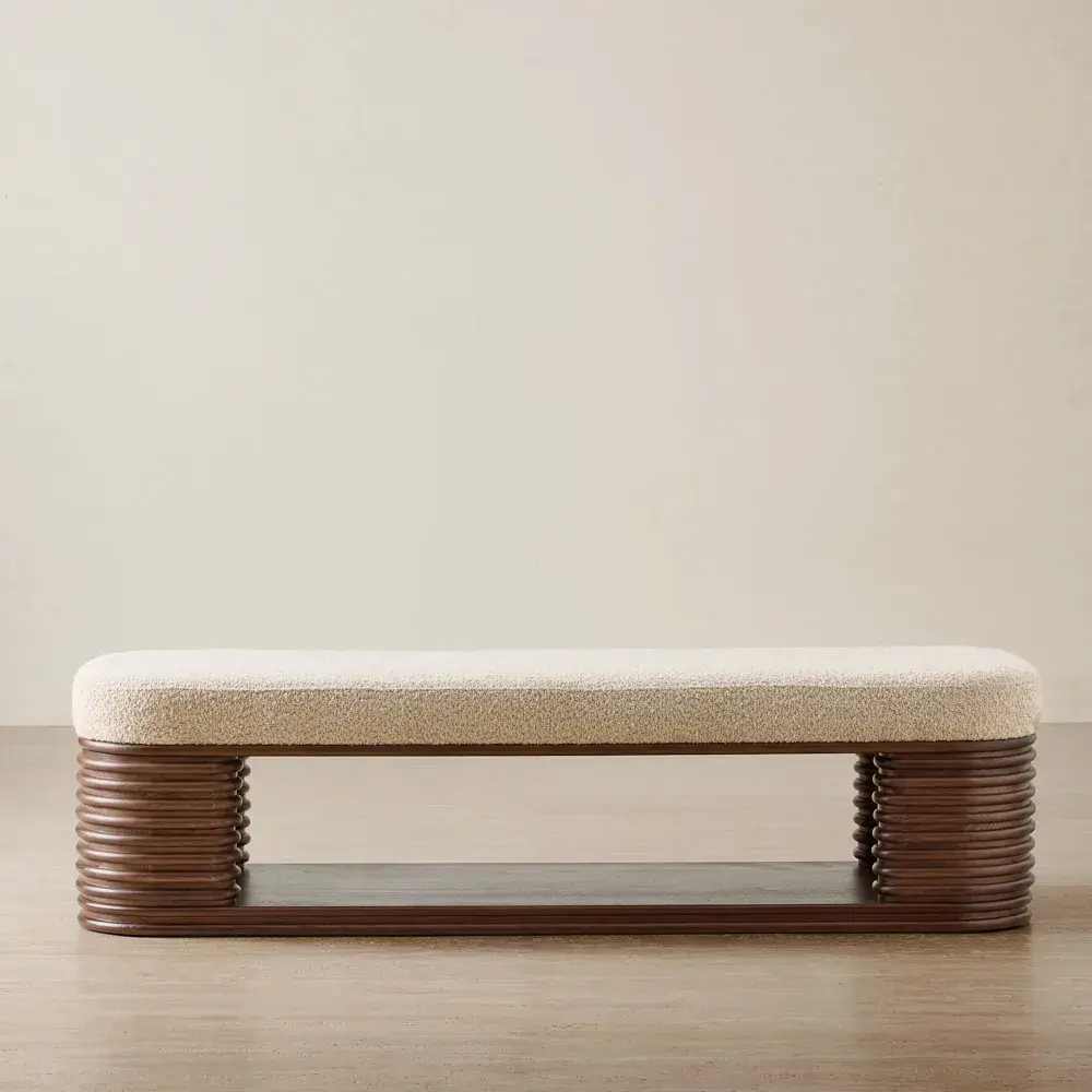 Ophelia Mid Beige Fabric Ottoman - Smoky Walnut