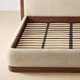 Ophelia Mid Beige Fabric King Bed with Smoky Walnut Bed Frame