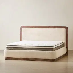 Ophelia Mid Beige Fabric King Bed with Smoky Walnut Bed Frame