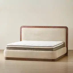 Ophelia Mid Beige Fabric King Bed with Smoky Walnut Bed Frame