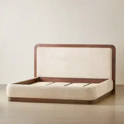 Ophelia Mid Beige Fabric King Bed with Smoky Walnut Bed Frame