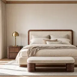 Ophelia Mid Beige Fabric King Bed with Smoky Walnut Bed Frame