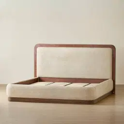 Ophelia Mid Beige Fabric King Bed with Smoky Walnut Bed Frame