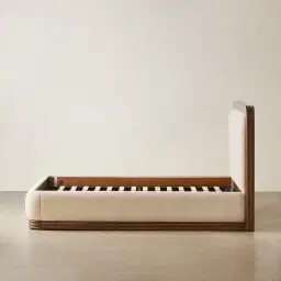 Ophelia Mid Beige Fabric King Bed with Smoky Walnut Bed Frame