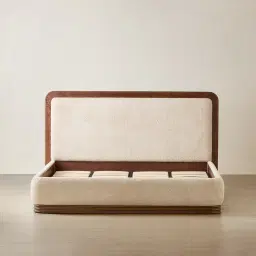 Ophelia Mid Beige Fabric King Bed with Smoky Walnut Bed Frame