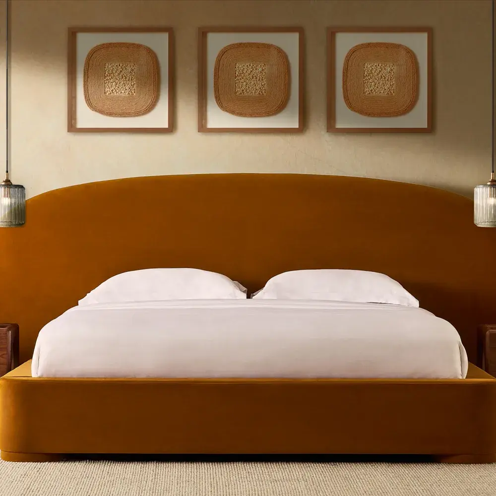 Estelle Velvet Mustard Velveteen Fabric Queen Bed