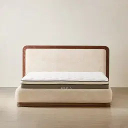 Ophelia Mid Beige Fabric Queen Bed with Smoky Walnut Bed Frame