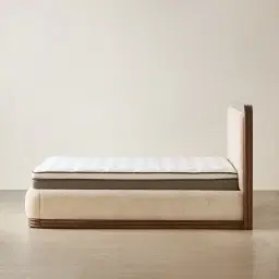 Ophelia Mid Beige Fabric Queen Bed with Smoky Walnut Bed Frame