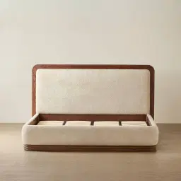 Ophelia Mid Beige Fabric Queen Bed with Smoky Walnut Bed Frame