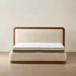 Ophelia Mid Beige Fabric Queen Bed with Smoky Walnut Bed Frame