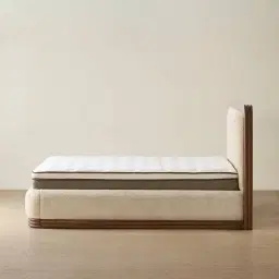 Ophelia Mid Beige Fabric Queen Bed with Smoky Walnut Bed Frame