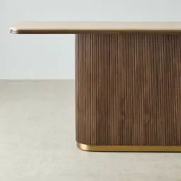 San Pierre Ebony Brown Ash Veneer Single Leg Console Table with Cream Travertine Finish Sintered Stone Top