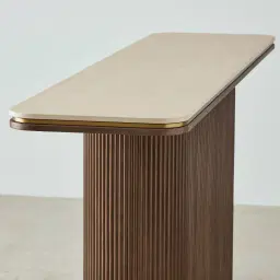 San Pierre Ebony Brown Ash Veneer Single Leg Console Table with Cream Travertine Finish Sintered Stone Top