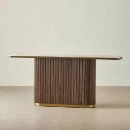 San Pierre Ebony Brown Ash Veneer Single Leg Console Table with Cream Travertine Finish Sintered Stone Top