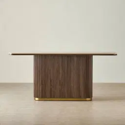 San Pierre Ebony Brown Ash Veneer Single Leg Console Table with Cream Travertine Finish Sintered Stone Top