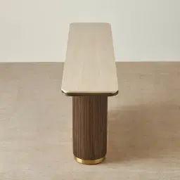 San Pierre Ebony Brown Ash Veneer Single Leg Console Table with Cream Travertine Finish Sintered Stone Top