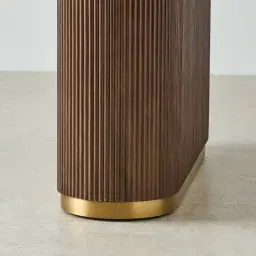 San Pierre Ebony Brown Ash Veneer Single Leg Console Table with Cream Travertine Finish Sintered Stone Top