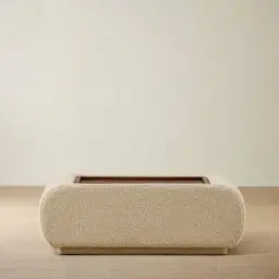 Elio Pearl Beige Fabric Ottoman Table with Wooden Tray