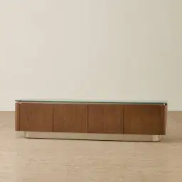 Felina Brown Oak Veneer Entertainment Unit with Champagne Gold Glass Top