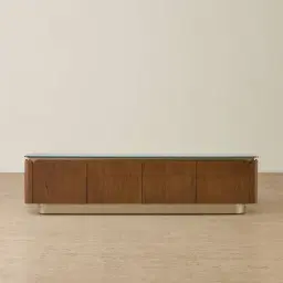 Felina Brown Oak Veneer Entertainment Unit with Champagne Gold Glass Top