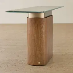 Felina Brown Oak Veneer Console Table with Champagne Gold Glass Top
