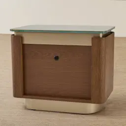 Felina Brown Oak Veneer Bedside Table with Champagne Gold Glass Top
