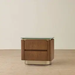 Felina Brown Oak Veneer Bedside Table with Champagne Gold Glass Top