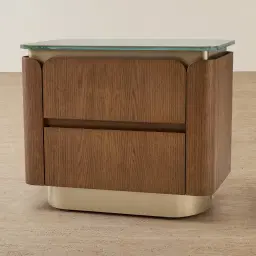 Felina Brown Oak Veneer Bedside Table with Champagne Gold Glass Top
