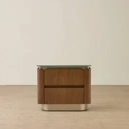 Felina Brown Oak Veneer Bedside Table with Champagne Gold Glass Top