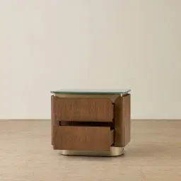 Felina Brown Oak Veneer Bedside Table with Champagne Gold Glass Top