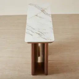 Sir Lionell II Gliding White Sintered Stone Console Table - Walnut Brown Wooden Legs