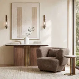 Sir Lionell II Gliding White Sintered Stone Console Table - Walnut Brown Wooden Legs