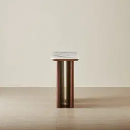 Sir Lionell II Gliding White Sintered Stone Console Table - Walnut Brown Wooden Legs