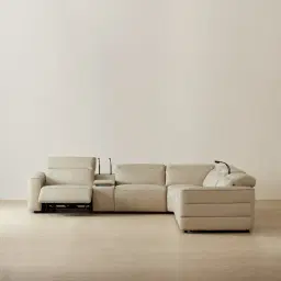 Amelie Almond Cream Leather Modular Dual Electric Recliner With Dual Rectangle Consoles