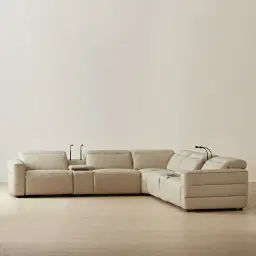 Amelie Almond Cream Leather Modular Dual Electric Recliner With Dual Rectangle Consoles