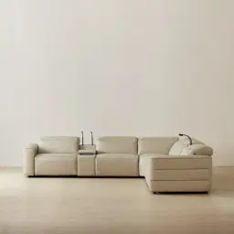 Amelie Almond Cream Leather Modular Dual Electric Recliner With Dual Rectangle Consoles