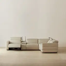 Amelie Almond Cream Leather Modular Dual Electric Recliner - Corner With Dual Rectangle Consoles