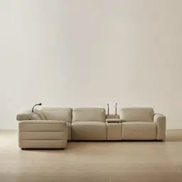 Amelie Almond Cream Leather Modular Dual Electric Recliner - Corner With Dual Rectangle Consoles