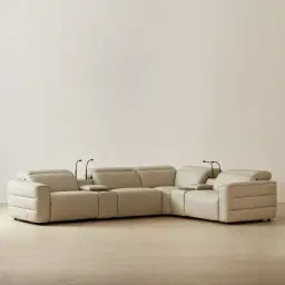 Amelie Almond Cream Leather Modular Dual Electric Recliner - Corner With Dual Rectangle Consoles