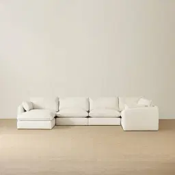 Macie Lite Chiffon White Fabric Modular Corner Sofa with Ottoman