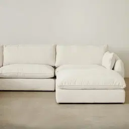 Macie Chiffon White Fabric Modular Corner Sofa with Ottoman